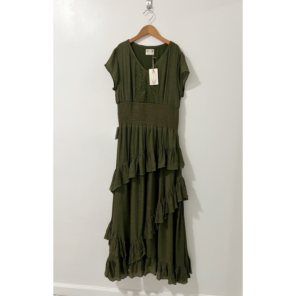 Mia Joy Womens Maxi Dress Ruffled‎ Olive Green Smocked Waist Size L NEW
